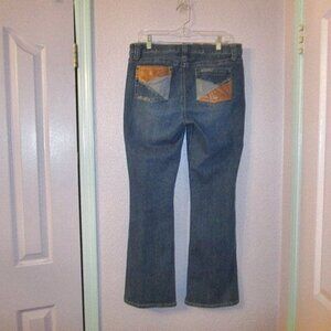 W62 Faux LEATHER PATCHWORK Boot Size 12 JEANS Denim EMBROIDERED Whiskers WESTERN